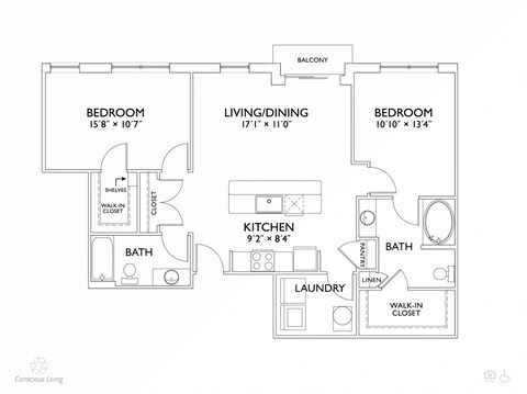 Floor plan for 2 beds, 2 baths, 1108 sqft
